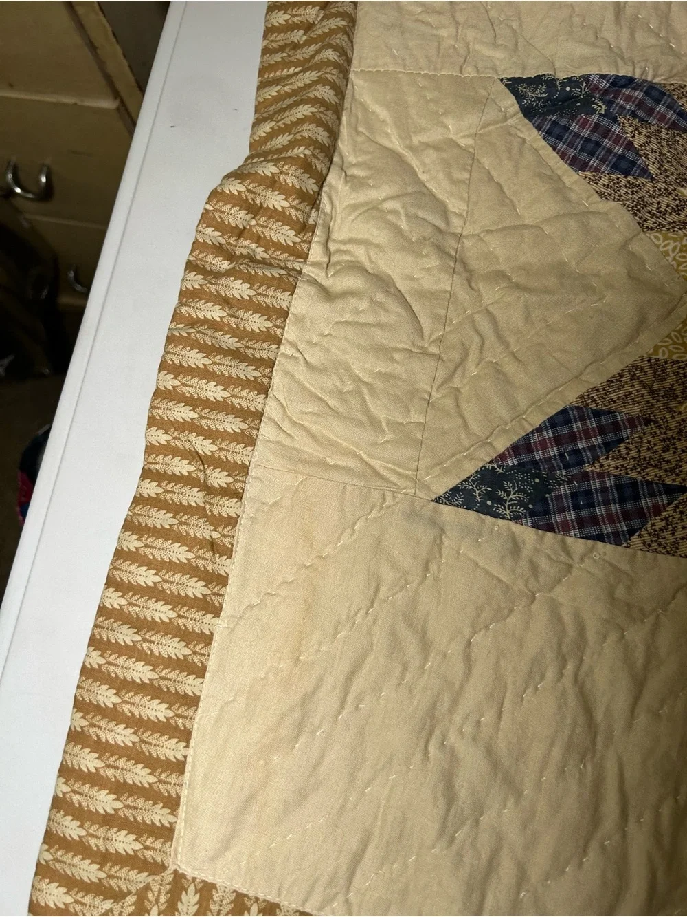 Star Patchwork Quilted Pillowcase Cream, Blue, Burgundy Country Chic Homey Cozy